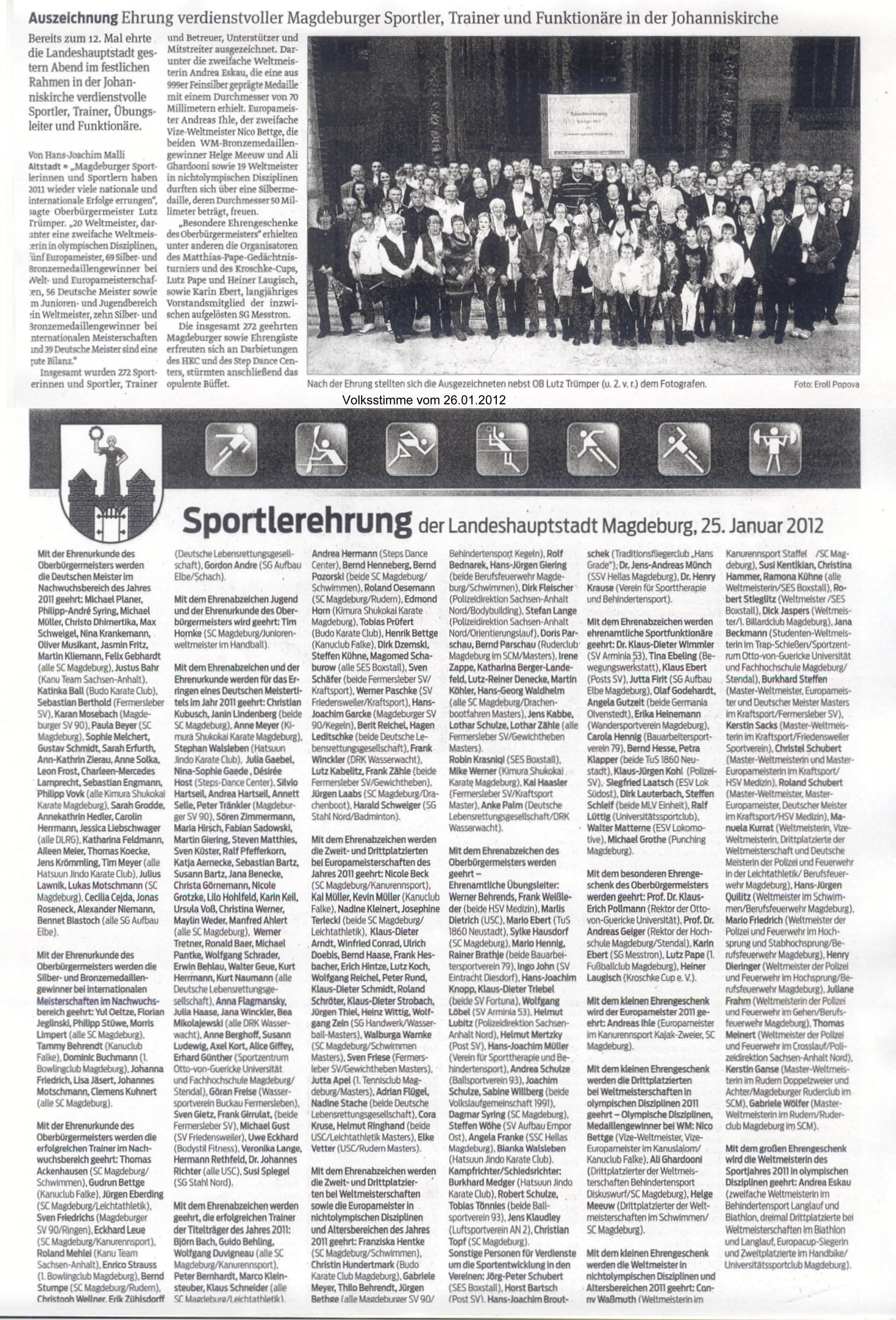 OB Tr�mper w�rdigt Leistungen und das Ehrenamt, Auszeichnung Ehrung verdienstvoller Magdeburger Sportler, Trainer und Funktion�re in der Johanniskirche Volksstimme vom 26.01.2012